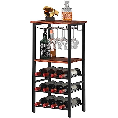 Yoobure Wine Rack Freestanding Floor with Glass Holder Wine Racks for Floor 12 Bottles Wine Bar Rack, Wine Holder Stand with Wood Tabletop 3-Tier Wine Table with Rack for Home Bar Kitchen Living Room