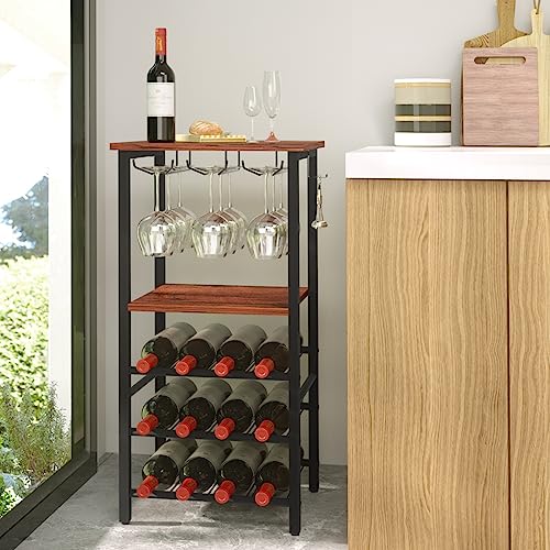 Yoobure Wine Rack Freestanding Floor with Glass Holder Wine Racks for Floor 12 Bottles Wine Bar Rack, Wine Holder Stand with Wood Tabletop 3-Tier Wine Table with Rack for Home Bar Kitchen Living Room