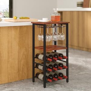 Yoobure Wine Rack Freestanding Floor with Glass Holder Wine Racks for Floor 12 Bottles Wine Bar Rack, Wine Holder Stand with Wood Tabletop 3-Tier Wine Table with Rack for Home Bar Kitchen Living Room