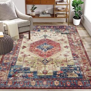zacoo boho area rug 5x7 washable rug vintage soft medallion distressed print carpet oriental non-slip non-shedding low-pile throw thin bedroom rugs for living room dining room red/beige