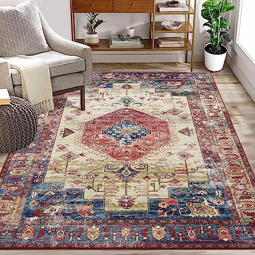 Zacoo Boho Area Rug 5x7 Washable Rug Vintage Soft Medallion Distressed Print Carpet Oriental Non-Slip Non-Shedding Low-Pile Throw Thin Bedroom Rugs for Living Room Dining Room Red/Beige