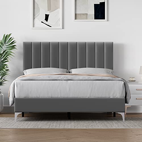 Amyove Full Size Bed Frame with Headboard, Velvet Upholstered Platform Bed Frame with Adjustable Headboard and Wooden Slats Support, No Box Spring Needed, Easy Assembly, Dark Grey (Full)