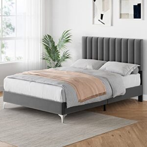 Amyove Full Size Bed Frame with Headboard, Velvet Upholstered Platform Bed Frame with Adjustable Headboard and Wooden Slats Support, No Box Spring Needed, Easy Assembly, Dark Grey (Full)