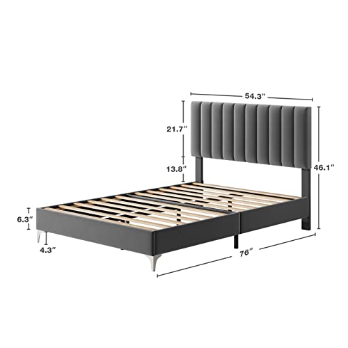 Amyove Full Size Bed Frame with Headboard, Velvet Upholstered Platform Bed Frame with Adjustable Headboard and Wooden Slats Support, No Box Spring Needed, Easy Assembly, Dark Grey (Full)