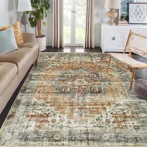 zacoo boho area rug 5x7 washable rug vintage soft distressed print carpet oriental non-slip stain resistant low-pile throw thin bedroom rugs for living room dining room brown/grey