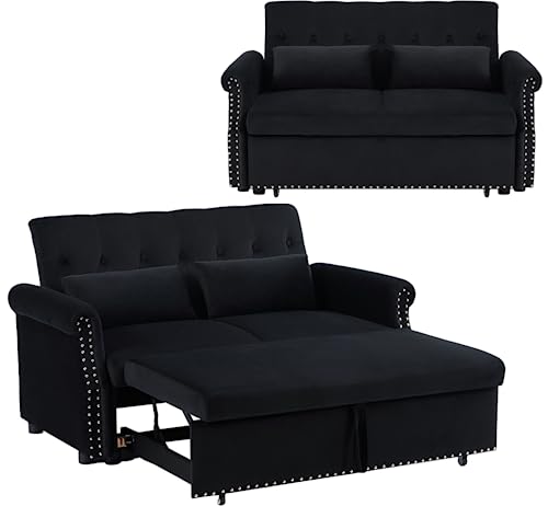 55"Convertible Loveseat Sofa Couch with Pull-Out Sleeper,3-in-1 Modern Love seat Couch Bed with Adjustable Backrest and 2 Pillows,Velvet 2 Seater Couch Bed for Small Spaces Living Room(Black)