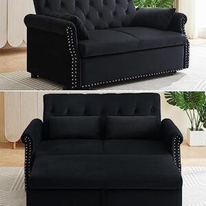 55"Convertible Loveseat Sofa Couch with Pull-Out Sleeper,3-in-1 Modern Love seat Couch Bed with Adjustable Backrest and 2 Pillows,Velvet 2 Seater Couch Bed for Small Spaces Living Room(Black)