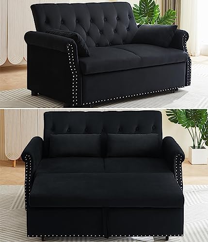 55"Convertible Loveseat Sofa Couch with Pull-Out Sleeper,3-in-1 Modern Love seat Couch Bed with Adjustable Backrest and 2 Pillows,Velvet 2 Seater Couch Bed for Small Spaces Living Room(Black)