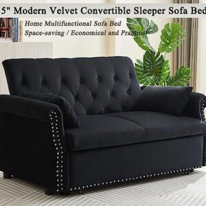 55"Convertible Loveseat Sofa Couch with Pull-Out Sleeper,3-in-1 Modern Love seat Couch Bed with Adjustable Backrest and 2 Pillows,Velvet 2 Seater Couch Bed for Small Spaces Living Room(Black)