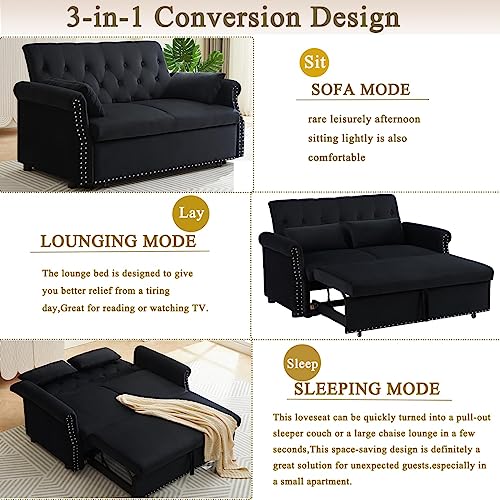 55"Convertible Loveseat Sofa Couch with Pull-Out Sleeper,3-in-1 Modern Love seat Couch Bed with Adjustable Backrest and 2 Pillows,Velvet 2 Seater Couch Bed for Small Spaces Living Room(Black)