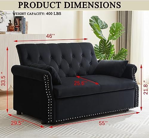 55"Convertible Loveseat Sofa Couch with Pull-Out Sleeper,3-in-1 Modern Love seat Couch Bed with Adjustable Backrest and 2 Pillows,Velvet 2 Seater Couch Bed for Small Spaces Living Room(Black)