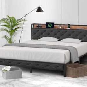 Winkalon Full Size Bed Frame with Headboard, Bed Frame with Charging Station, Metal Platform Bed Frame Full No Box Spring Needed, Modern Wood Upholstered Headboard and Under Bed Storage