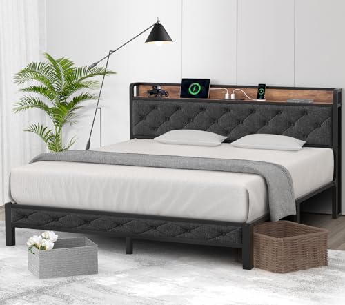 Winkalon Full Size Bed Frame with Headboard, Bed Frame with Charging Station, Metal Platform Bed Frame Full No Box Spring Needed, Modern Wood Upholstered Headboard and Under Bed Storage