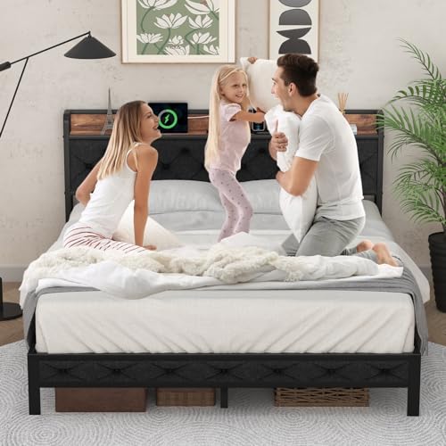 Winkalon Full Size Bed Frame with Headboard, Bed Frame with Charging Station, Metal Platform Bed Frame Full No Box Spring Needed, Modern Wood Upholstered Headboard and Under Bed Storage