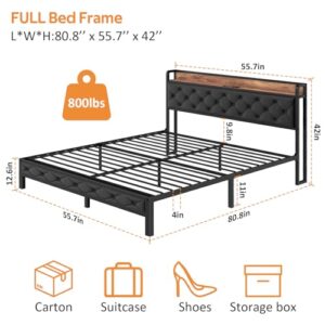 Winkalon Full Size Bed Frame with Headboard, Bed Frame with Charging Station, Metal Platform Bed Frame Full No Box Spring Needed, Modern Wood Upholstered Headboard and Under Bed Storage