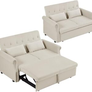 55" Convertible Loveseat Sofa Couch with Pull-Out Sleeper, 3-in-1 Modern Love seat Couch Bed with Adjustable Backrest and 2 Pillows,Velvet 2 Seater Couch Bed for Small Spaces Living Room(Beige)