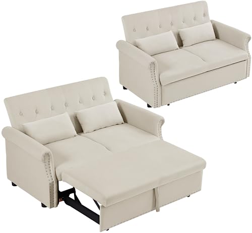 55" Convertible Loveseat Sofa Couch with Pull-Out Sleeper, 3-in-1 Modern Love seat Couch Bed with Adjustable Backrest and 2 Pillows,Velvet 2 Seater Couch Bed for Small Spaces Living Room(Beige)