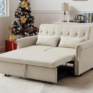 55" Convertible Loveseat Sofa Couch with Pull-Out Sleeper, 3-in-1 Modern Love seat Couch Bed with Adjustable Backrest and 2 Pillows,Velvet 2 Seater Couch Bed for Small Spaces Living Room(Beige)