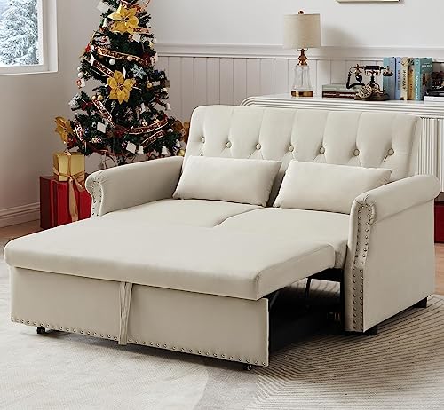 55" Convertible Loveseat Sofa Couch with Pull-Out Sleeper, 3-in-1 Modern Love seat Couch Bed with Adjustable Backrest and 2 Pillows,Velvet 2 Seater Couch Bed for Small Spaces Living Room(Beige)