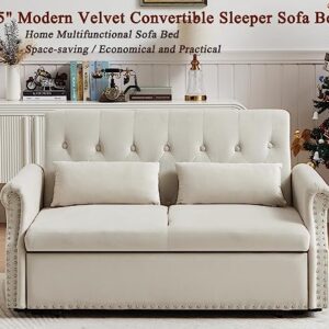 55" Convertible Loveseat Sofa Couch with Pull-Out Sleeper, 3-in-1 Modern Love seat Couch Bed with Adjustable Backrest and 2 Pillows,Velvet 2 Seater Couch Bed for Small Spaces Living Room(Beige)