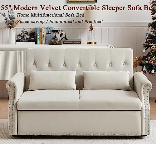 55" Convertible Loveseat Sofa Couch with Pull-Out Sleeper, 3-in-1 Modern Love seat Couch Bed with Adjustable Backrest and 2 Pillows,Velvet 2 Seater Couch Bed for Small Spaces Living Room(Beige)