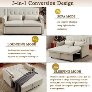 55" Convertible Loveseat Sofa Couch with Pull-Out Sleeper, 3-in-1 Modern Love seat Couch Bed with Adjustable Backrest and 2 Pillows,Velvet 2 Seater Couch Bed for Small Spaces Living Room(Beige)