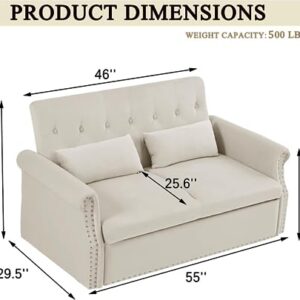 55" Convertible Loveseat Sofa Couch with Pull-Out Sleeper, 3-in-1 Modern Love seat Couch Bed with Adjustable Backrest and 2 Pillows,Velvet 2 Seater Couch Bed for Small Spaces Living Room(Beige)