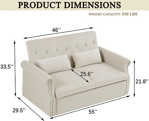 55" Convertible Loveseat Sofa Couch with Pull-Out Sleeper, 3-in-1 Modern Love seat Couch Bed with Adjustable Backrest and 2 Pillows,Velvet 2 Seater Couch Bed for Small Spaces Living Room(Beige)