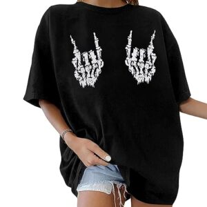 skeleton hand oversized tee women halloween punk rock shirt music lover rock n roll shirts short sleeve t shirt black