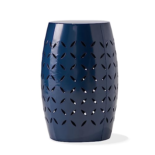 Christopher Knight Home Lilac Outdoor 12" Iron Side Table, Dark Blue & Suncast 33 Gallon Hideaway Can Resin Outdoor Trash with Lid Use in Backyard, Deck, or Patio, 33-Gallon, Brown