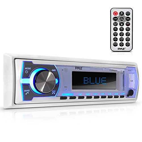 PyleUsa 10-Inch Low-Profile Amplified Subwoofer System & Marine Bluetooth Stereo Radio - 12v Single DIN Style Boat in Dash Radio Receiver System (White)