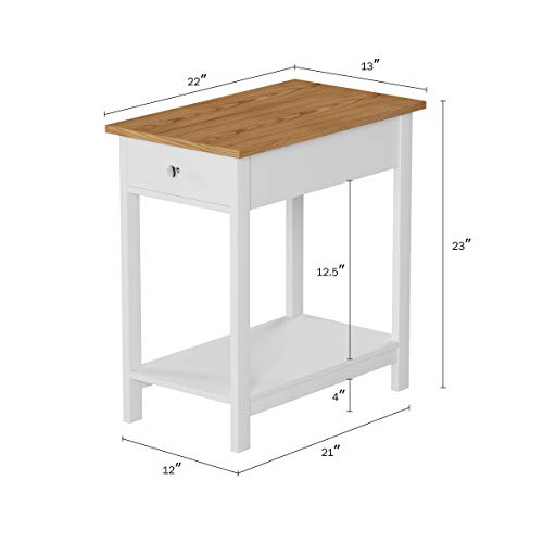 Lavish Home 2-Toned Slim Narrow End Table with Drawer and Storage Shelf Nightstand for Bedroom, Living Room or Entryway, White and Oak