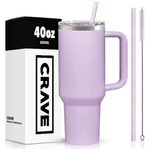 crave cups 40oz tumbler with handle and straw l insulated stainless steel double wall spill proof water bottle travel mug l cupholder friendly vacuum sealed tumblers with lid (wisteria)