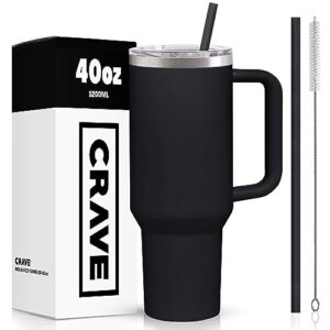 crave cups 40oz tumbler with handle and straw l insulated stainless steel double wall spill proof water bottle travel mug l cupholder friendly vacuum sealed tumblers with lid (black)