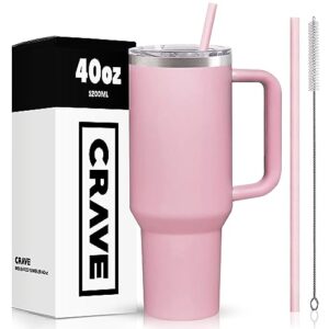 crave cups 40oz tumbler with handle and straw l insulated stainless steel double wall spill proof water bottle travel mug l cupholder friendly vacuum sealed tumblers with lid (dusty pink)