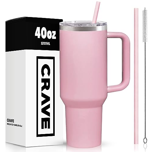 Crave Cups 40oz Tumbler With Handle And Straw l Insulated Stainless Steel Double Wall Spill Proof Water Bottle Travel Mug l Cupholder Friendly Vacuum Sealed Tumblers With Lid (Dusty Pink)