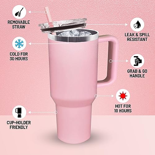 Crave Cups 40oz Tumbler With Handle And Straw l Insulated Stainless Steel Double Wall Spill Proof Water Bottle Travel Mug l Cupholder Friendly Vacuum Sealed Tumblers With Lid (Dusty Pink)