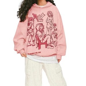 Tuislay Women Y2k Graphic Hoodie Oversized Vintage Streetwear Aesthetic Pullover Sweatshirt Hip Hop Harajuku Sweatshirts (Pink,M,Medium)