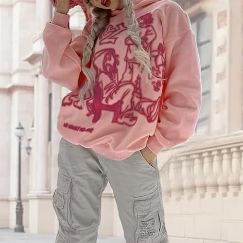 Tuislay Women Y2k Graphic Hoodie Oversized Vintage Streetwear Aesthetic Pullover Sweatshirt Hip Hop Harajuku Sweatshirts (Pink,M,Medium)