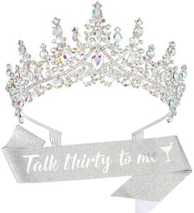 "talk thirty to me" sashes & tiaras set 30th birthday crowns for women birthday gifts for girls birthday sash for women birthday decorations set rhinestone accessories for birthday party supplies