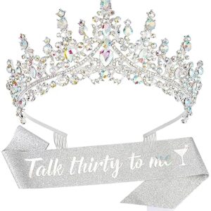 "Talk Thirty to me" Sashes & Tiaras Set 30th Birthday Crowns for Women Birthday Gifts for Girls Birthday Sash for Women Birthday Decorations Set Rhinestone Accessories for Birthday Party Supplies