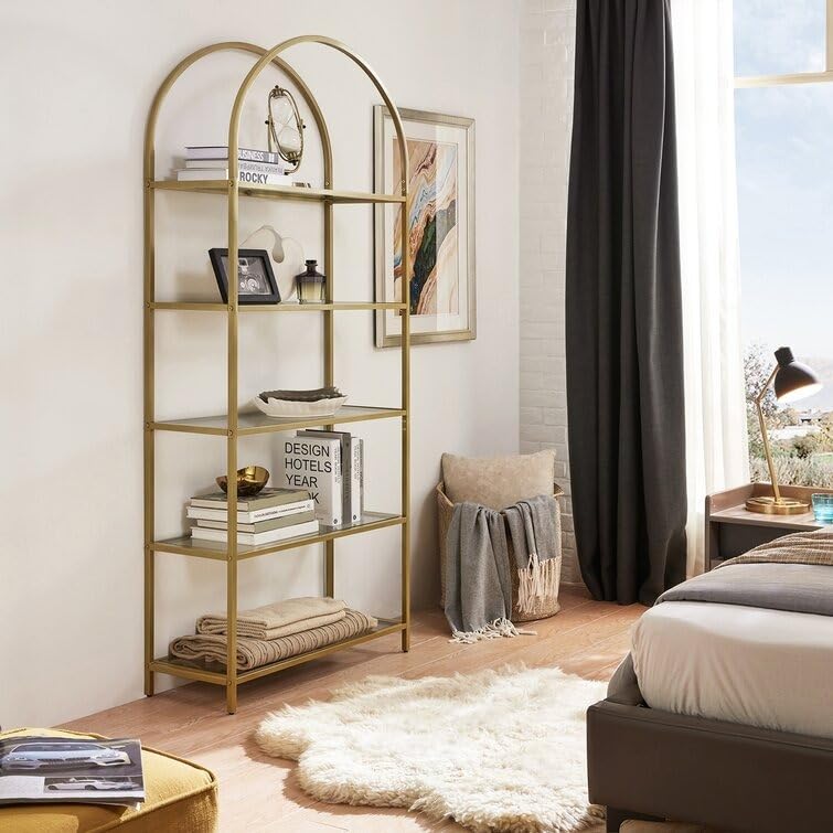 Steel Bookcase 5 Shelves 2 Colors Black, Gold Independent Bookcase, Display Shelf, 72.2'' HX 32.7'' WX 11.9'' D. (Gold)