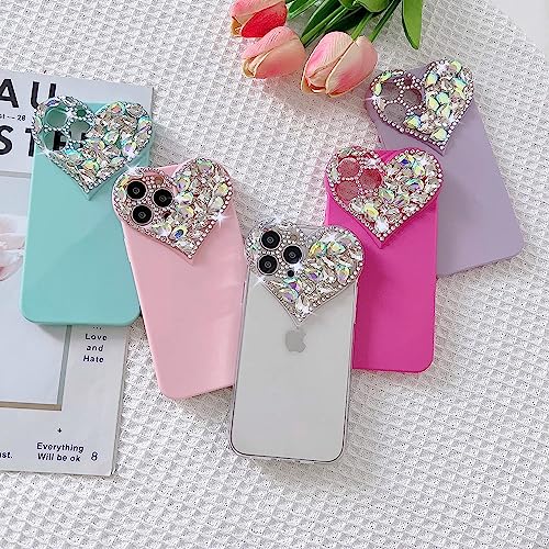 IAIYOXI Cute 3D Glitter 14 Pro Max Case, Sparkling Aesthetic Heart Gems Bling Case, Pretty Shine Colorful Diamond Soft TPU Bumper Case for Women Girl-Rose