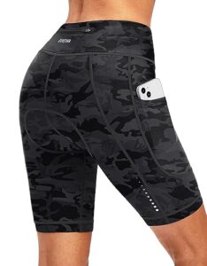 women's 4d padded bike shorts cycling padding riding bicycle road mountain biking spinning cycle spin shorts for women with zipper pockets(camo black,l)