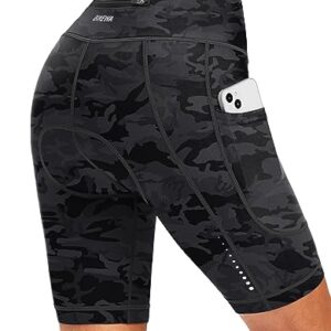 Women's 4D Padded Bike Shorts Cycling Padding Riding Bicycle Road Mountain Biking Spinning Cycle Spin Shorts for Women with Zipper Pockets(Camo Black,L)