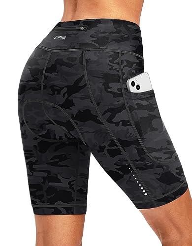 Women's 4D Padded Bike Shorts Cycling Padding Riding Bicycle Road Mountain Biking Spinning Cycle Spin Shorts for Women with Zipper Pockets(Camo Black,L)