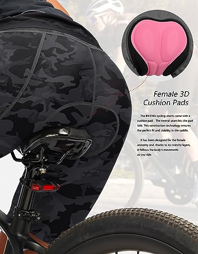 Women's 4D Padded Bike Shorts Cycling Padding Riding Bicycle Road Mountain Biking Spinning Cycle Spin Shorts for Women with Zipper Pockets(Camo Black,L)