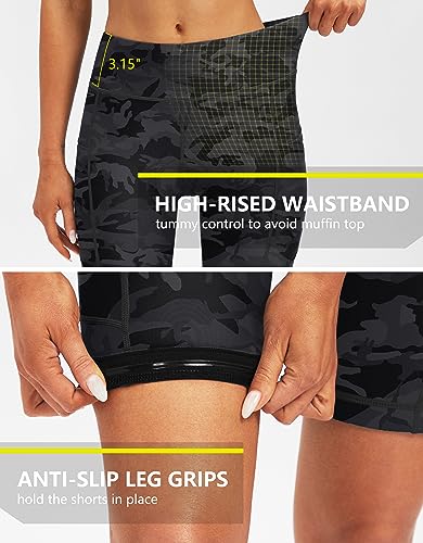 Women's 4D Padded Bike Shorts Cycling Padding Riding Bicycle Road Mountain Biking Spinning Cycle Spin Shorts for Women with Zipper Pockets(Camo Black,L)