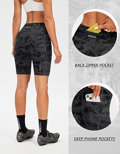 Women's 4D Padded Bike Shorts Cycling Padding Riding Bicycle Road Mountain Biking Spinning Cycle Spin Shorts for Women with Zipper Pockets(Camo Black,L)