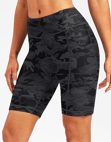 Women's 4D Padded Bike Shorts Cycling Padding Riding Bicycle Road Mountain Biking Spinning Cycle Spin Shorts for Women with Zipper Pockets(Camo Black,L)